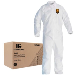 Kimberly Clark Kleenguard A40 Elastic Wrists & Ankles Coveralls, Liquid & Particle Protection, White, Zipper Front, Microporous Film Laminate, 25 each/case