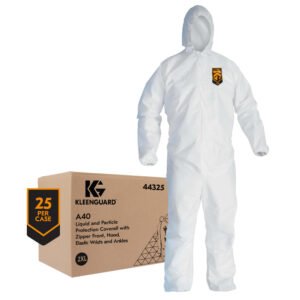 Kimberly Clark Kleenguard A40 Coveralls, Hood, Elastic Wrists & Ankles, Liquid & Particle Protection, White, Zipper Front, Microporous Film Laminate, 25 each/case